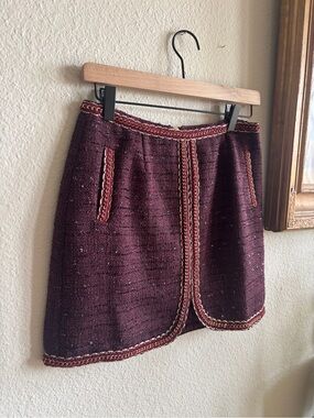 Walter Baker Bordeaux Tweed Mini Skirt with Gold Chain Trim